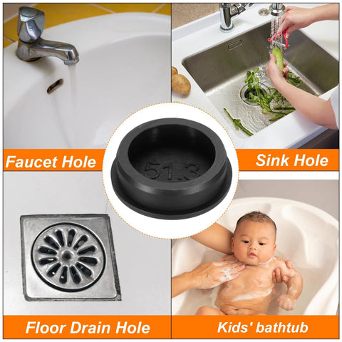 Three-Piece T-Shaped Silicone Plugs With 51.3 Mm Diameter shown in use for faucet, sink, floor drain, and bathtub applications