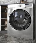 Front view of washing machine covered with Metallic Silver Peel And Stick Contact Paper For Appliances And Kitchen Surfaces.