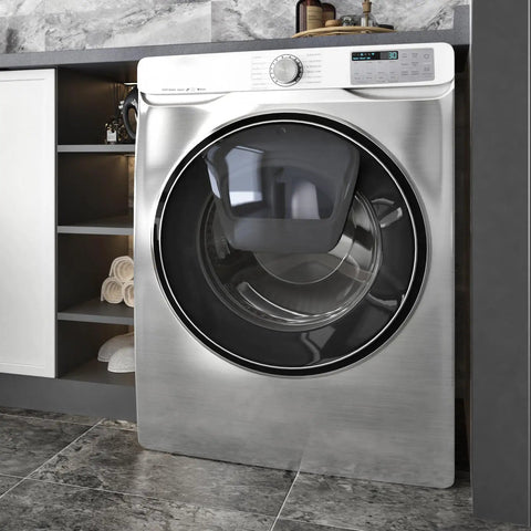 Front view of washing machine covered with Metallic Silver Peel And Stick Contact Paper For Appliances And Kitchen Surfaces.