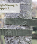 250 Ft Tree Tie Strap For Staking And Guying, 1800 Lb Strength, Olive Green, Made In USA, wrapped around a tree trunk