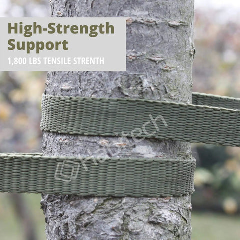 250 Ft Tree Tie Strap For Staking And Guying, 1800 Lb Strength, Olive Green, Made In USA, wrapped around a tree trunk