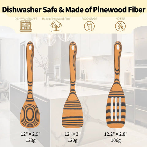 Premium Wooden Cooking Spoon Set of Three Dishwasher Safe and Heat Resistant Kitchen Utensils for Nonstick Pans with measurements.
