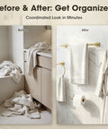 Before and after image showing Matte Black 4 Piece Bathroom Hardware Set Dope Look Stainless Steel SUS304 Wall Mounted Towel Bar 23.6 inch Towel Ring Toilet Paper Holder Coat Hook Rustproof Bath Fixture for Modern Bathrooms organized look.