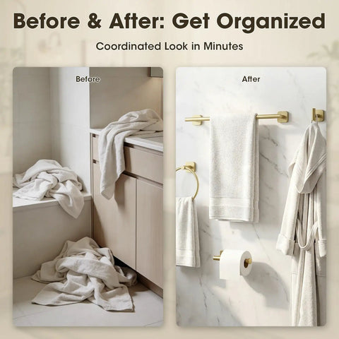 Before and after of bathroom with Brushed Gold Towel Bar Set 4-Piece With 23.6-Inch Towel Bar, Towel Ring, TP Holder and Robe Hook
