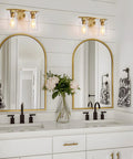 Two Light Brass Gold Bathroom Vanity Lights Over Mirror With Glass Shades Modern Curved Wall Sconce Fixtures For Home Bath