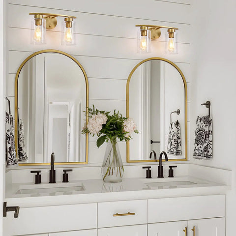 Two Light Brass Gold Bathroom Vanity Lights Over Mirror With Glass Shades Modern Curved Wall Sconce Fixtures For Home Bath