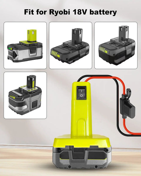 Battery Adapter Converter Kit For 18V Ride On Cars Upgrade with Ryobi compatibility and PWM motor controller shown.