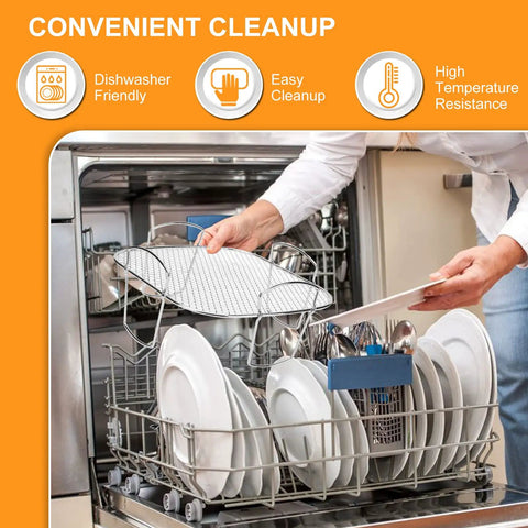 Premium Steel Air Fryer Basket Set in dishwasher showing easy cleanup, BPA free, FDA approved, food grade accessory in use