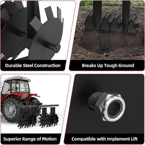Beefy Heavy Duty Disc Plow Harrow For ATV UTV Towed Tiller with 2-inch hitch, breaking hard soil with steel discs in action.