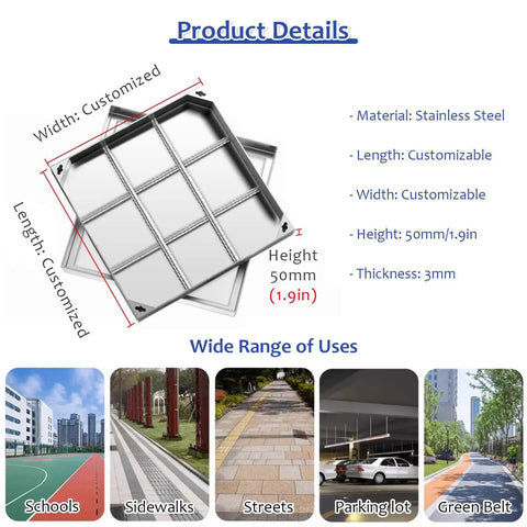 Stainless Steel Invisible Manhole Cover With Handles, Recessed Square Inspection Lid For Lawn, Garden, And Pavement, customizable size