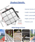 Stainless Steel Invisible Manhole Cover With Frame And Handles, 14 By 14 Inch Recessed Square Lid For Lawn Garden Yard And Driveway Drainage, Durable 304 Grade, Customizable Fit displayed with dimensions and usage examples.
