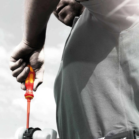 Person using Kraftform Kompakt VDE Changeable Blade Set with 18 Interchangeable Blades, focusing on handle and blade in action.