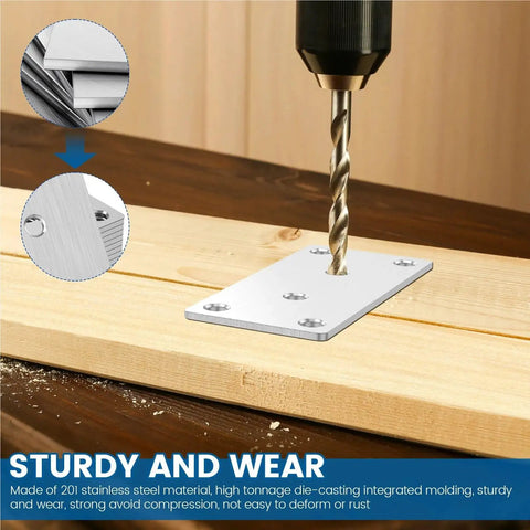 Kickass Stainless Steel Mending Plates 20 Piece Set With Pre Drilled Screws on wood, showing drilling for furniture repair.