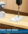 Heavy Hitter Stainless Steel Mending Plates With Screws 20Pack, drilling into a wooden surface for furniture reinforcement.