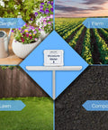 36 Inch Garden And Compost Moisture Meter for soil, plants, lawn testing, showcasing usage in garden, farm, lawn, and compost.