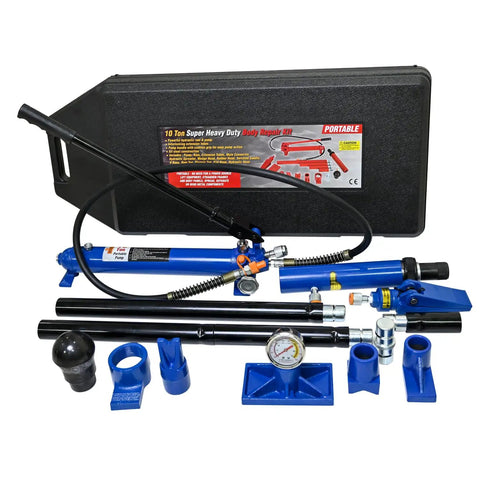 Pro Grade 10 Ton Hydraulic Auto Body Repair Kit With Blow Case, Heavy Duty Steel Build, Handy Pump And Gauge, Multiple Accessories