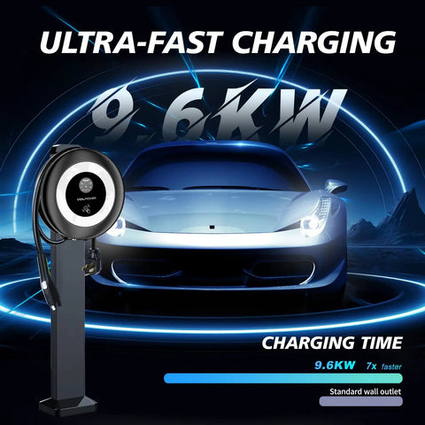 Level 2 EV Charger 40A 9.6kW Fast Wall Home Charging Station with NEMA 14-50 Plug, J1772 Connector, 240V, in urban environment.