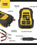 Top Shelf 500 Watt Car Power Inverter With Dual 120V Outlets And Usb Charging Ports, features dual USB ports and battery clamps.