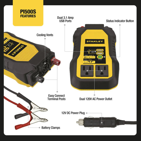 Top Shelf 500 Watt Car Power Inverter With Dual 120V Outlets And Usb Charging Ports, features dual USB ports and battery clamps.