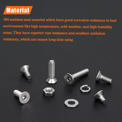 Heavy Duty 304 Stainless Steel M4 Fastener Kit Providing Countersunk Socket Cap Screws and nuts, ideal for corrosion-resistant outdoor jobs.