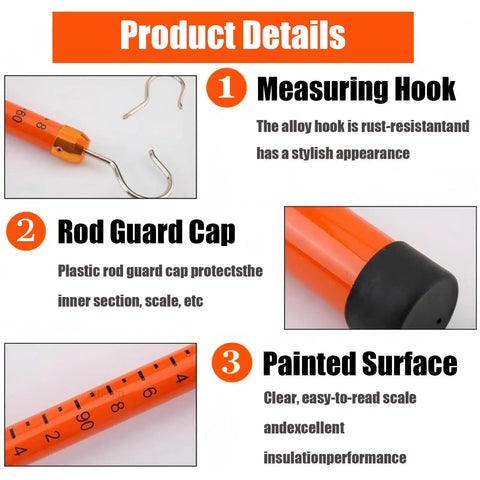 Adjustable Surveying Rod Pro-Grade Aluminum Pole Extends From 16.4 To 59.1 Ft with measuring hook and rod guard cap details