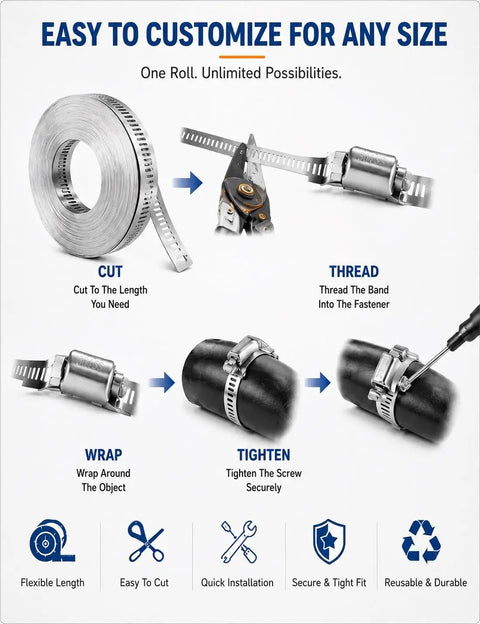 Buy Custom Cut Stainless Steel Hose Clamp By The Foot Roll For Pipe And Radiator Hosing With Heavy Duty Worm Gear Screw Lock For Any DIY Fix Or Pro Job On Ducts And Tubes. 304 stainless steel roll clamp with cut, thread, wrap, tighten steps
