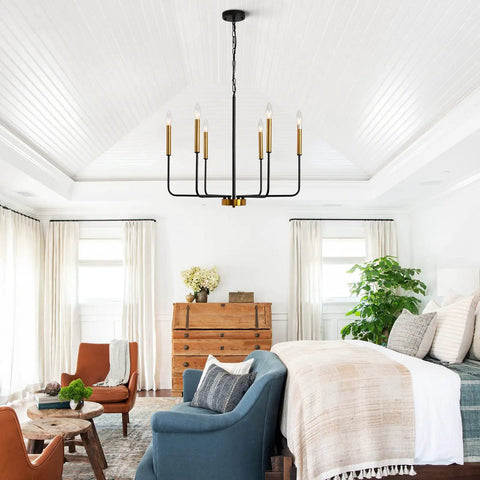 Modern Farmhouse Black And Gold 6 Light Candle Chandelier With Adjustable Height Chain And Rods Ceiling Light Fixture in bedroom