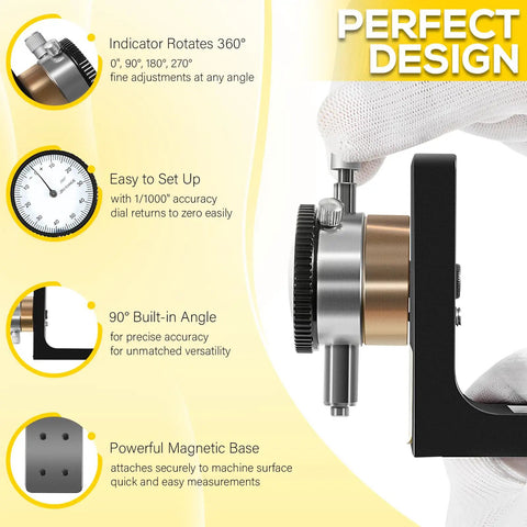 Dial Indicator With 360 Degree Rotation And Heavy Magnetic Base For Planers And Woodworking Machinery Built To Last, showing features