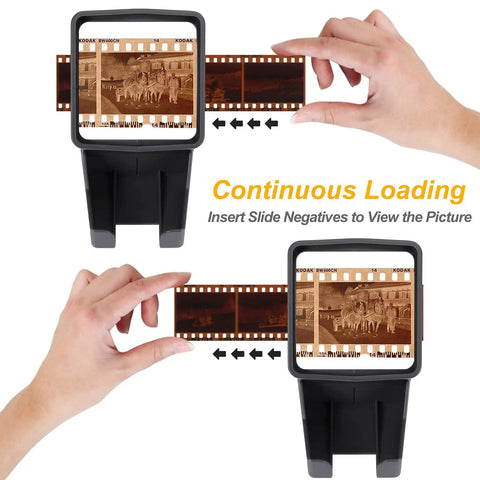 Ultimate 35mm Slide Viewer with 3X magnification showing continuous loading of film negatives through LED screen, hands demonstrating use.