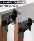 Heavy Duty Folding Brackets 4 Pack With Screws, Self Locking Steel Hinges For Table Legs Bed Frames And Workbenches, Rock Solid Legit Job Site Support Brackets In Black installed under a table with a close-up of locking mechanism.