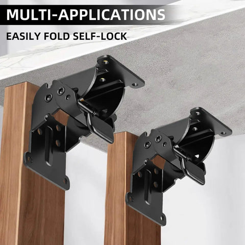 Rock Solid Folding Brackets 8 Pack Heavy Duty Self Locking Hinges With Screws Built Tough Extendable Support Braces For Table Legs Bed Frames And Workbenches Matte Black Finish showing two self-locking brackets mounted on wood.