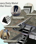 Heavy Duty Basement Entry Door With Suction Cup For Easy Access, shown with open 90-degree angle, load capacity of 100 kg, galvanizing details.