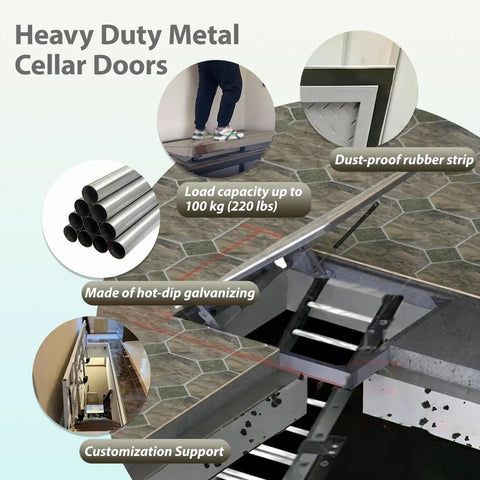 Heavy Duty Basement Entry Door With Suction Cup For Easy Access, shown with open 90-degree angle, load capacity of 100 kg, galvanizing details.