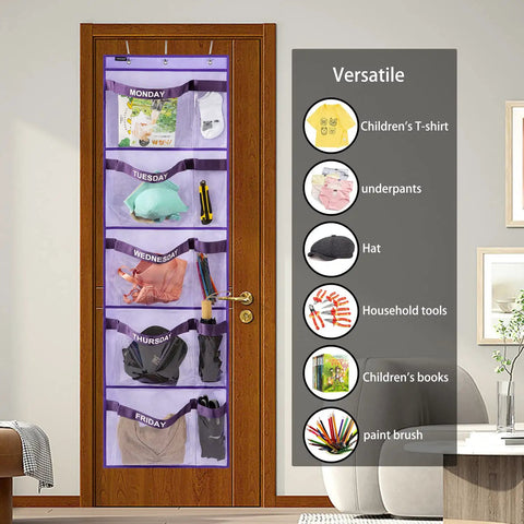 Weekly Kids Closet Hanging Organizer For Monday Through Friday Outfits Purple Thick Nonwoven Bag With Clear Window Panels Straight Up Simple Back To School Wardrobe Storage Hack