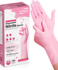 Top Shelf Disposable Nitrile Dish Gloves With Extended 12 Inch Cuff, 6 Mil Thick Guard, Cherry Blossom Print, Latex Free, Straight Up Reliable For Deep Cleaning And Hair Dye, Box Of 100, shown in hands with detailed packaging.