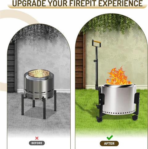 Before and after images of a fire pit on a Beefy Rolling Stand With Telescopic Handle For 19.5 Inch Smokeless Fire Pits outdoors