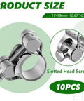 Close-up of Ten Pack T Bolt Hose Clamps Kit 17 to 19 Mm OD Heavy Duty Adjustable 304 Stainless Steel T Slot Clamp with slotted head screw
