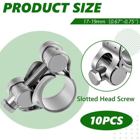 Close-up of Ten Pack T Bolt Hose Clamps Kit 17 to 19 Mm OD Heavy Duty Adjustable 304 Stainless Steel T Slot Clamp with slotted head screw