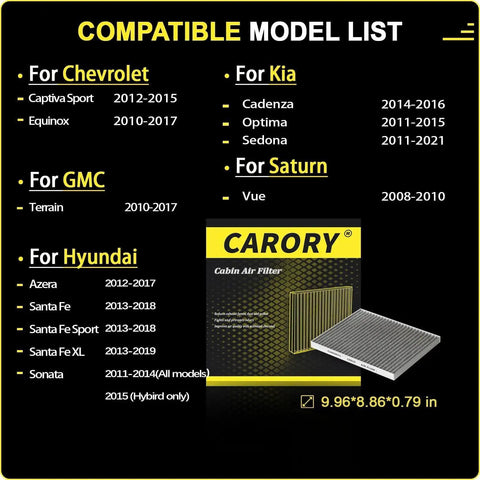 Compatibility chart for Cabin Air Filter With Activated Carbon Fits Chevy Equinox 2010 To 2017 Captiva Sport 2012 To 2015 GMC Terrain 2010 To 2017