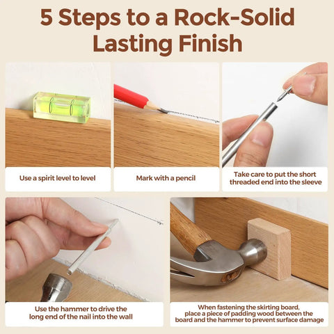 5 step guide for using Level Up Home Reno With These 300 Pcs Rust Resistant Baseboard Double Headed Nails For Skirting Crown Molding And Drywall.