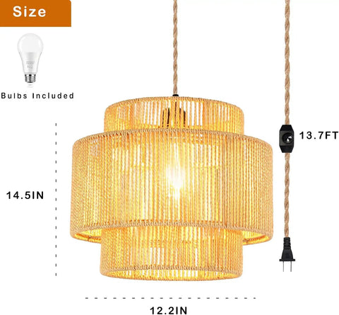 Plug In Pendant Light With Smooth Dimmable Switch And Handwoven Boho Rattan Shade, 14.5in height, solid hemp rope design.