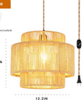 Handcrafted Rattan Plug In Pendant Light Featuring Smooth Dimmable Switch And Handwoven Wicker Bamboo Shade, 14.5in tall.