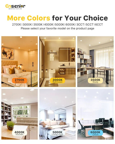Image showing various settings for LED lighting color temperatures from 2700K to 6000K in different rooms.