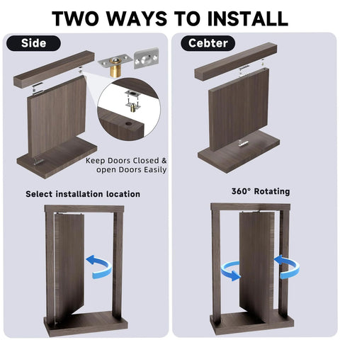 Diagram showing installation of hidden door hinge pivot hardware with 360 degree rotation for Murphy bookcase, includes screws and ball catch.