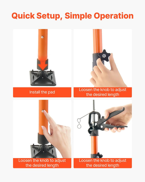 VEVOR cabinet jack pole 8-pack: orange telescoping steel rod with base pad, adjustable knob, and clamp attachment