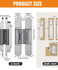 Sleek Six Inch Hidden Door Hinges For Clean Concealed Doors and Invisible Wall Panels, dimensions and product illustration.