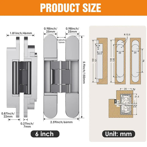 Sleek Six Inch Hidden Door Hinges For Clean Concealed Doors and Invisible Wall Panels, dimensions and product illustration.