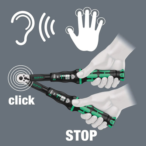 Illustration showing hand using Click-Torque A 20-Piece Set With Audible And Tactile Clicks, Precision Torque Wrench Kit From 1 To 25 Nm.