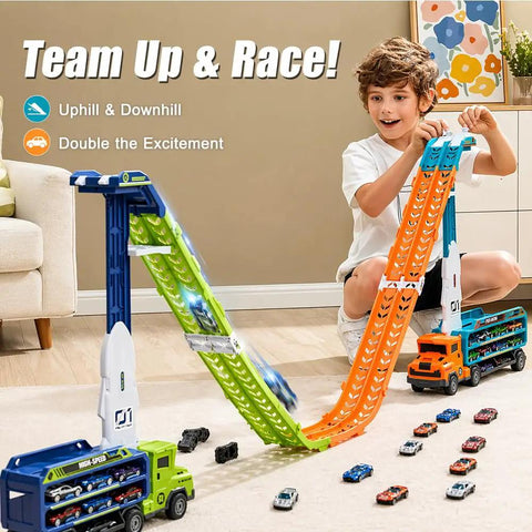 Child playing with Foldable Two Layer Car Carrier Truck With 33 Inch Race Track And Six Metal Cars, Converts To Drivable Truck Or Track