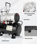 Oil Free Airbrush Compressor AS186 With 3L Tank Regulator And Moisture Trap, showing valves, switch, and heat dissipation design